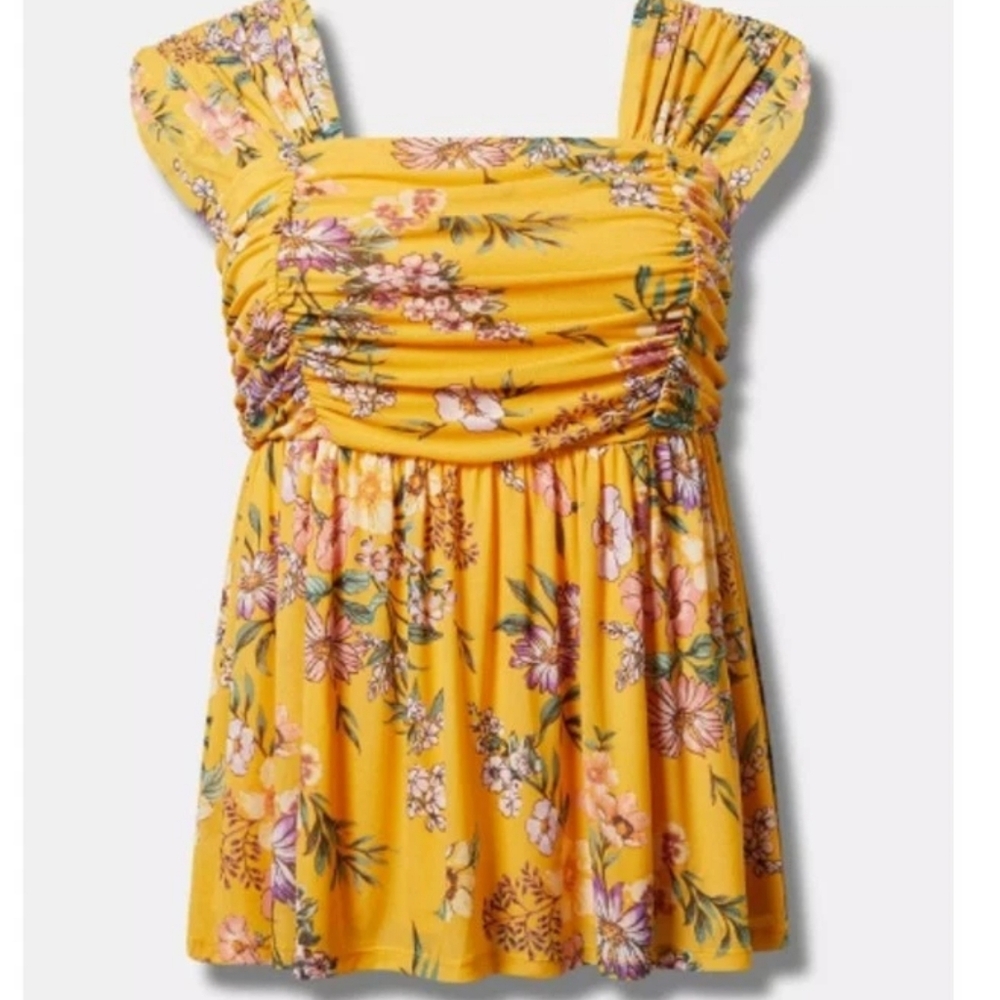 Torrid 4 4X 26 Yellow Floral Mesh Layered Short Sleeve Blouse Top Tunic Babydoll